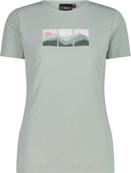 Damen hellgrünes T-Shirt mit Berg- und Sonnendruck.
