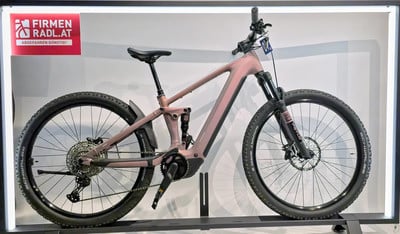 Ein rosafarbenes E-Bike mit Federung ist auf einem Ständer ausgestellt. Ein rosafarbenes E-Bike mit Federung ist auf einem Ständer ausgestellt.