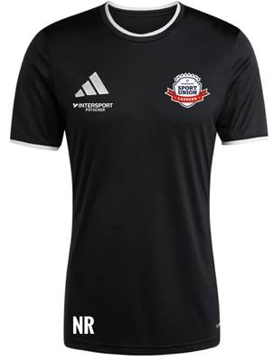 Schwarzes T-Shirt mit Adidas und Sport Union Lasberg Logo, mit NR-Schriftzug.