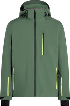 Grüne Herren-Skijacke mit Kapuze und kontrastierenden Reißverschlüssen.