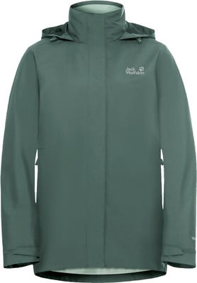 Grüne wasserdichte Jacke von Jack Wolfskin mit Kapuze und Markenlogo. Grüne wasserdichte Jacke von Jack Wolfskin mit Kapuze und Markenlogo.
