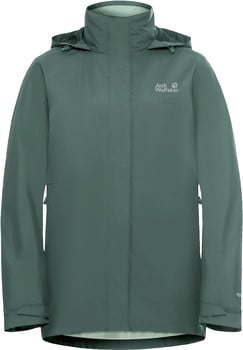 Grüne wasserdichte Jacke von Jack Wolfskin mit Kapuze und Markenlogo.