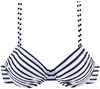 Ein blau-weiß gestreifter Bikini-Oberteil mit dünnen Trägern.