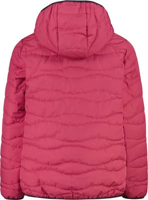 Rückansicht einer gesteppten rosa Jacke mit Kapuze. Rückansicht einer gesteppten rosa Jacke mit Kapuze.