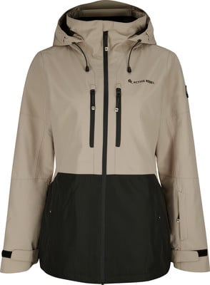 Beige und schwarze Damenjacke mit Kapuze und Active Rebel Logo.
