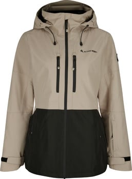 Beige und schwarze Damenjacke mit Kapuze und Active Rebel Logo.