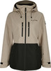 Beige und schwarze Damenjacke mit Kapuze und Active Rebel Logo.