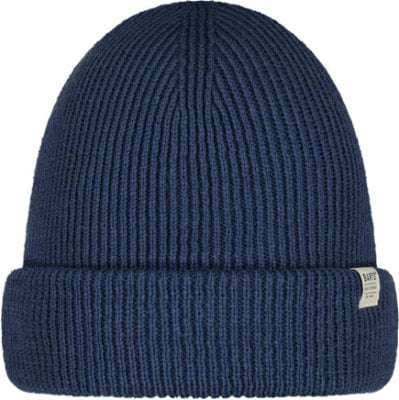 Eine marineblaue Strickmütze mit umgeschlagener Krempe und kleinem Etikett.
