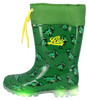 Grüne Gummistiefel mit Dinosauriern und beleuchteter Sohle.