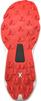 Laufschuhsohle mit markantem Profil und X-Logo. Laufschuhsohle mit markantem Profil und X-Logo.