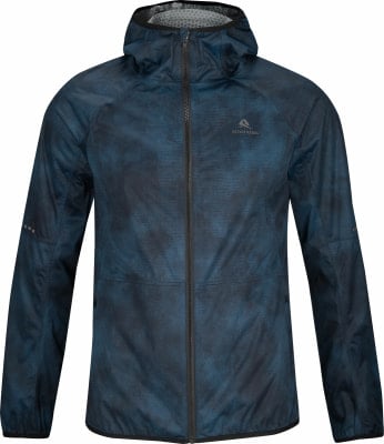 Blaue Herrenjacke mit Kapuze und Laufmuster. Blaue Herrenjacke mit Kapuze und Laufmuster.