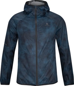 Blaue Herrenjacke mit Kapuze und Laufmuster.