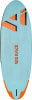 Hellblauer Paddleboard mit orange-schwarzen geometrischen Mustern und der Aufschrift WE RACE.
