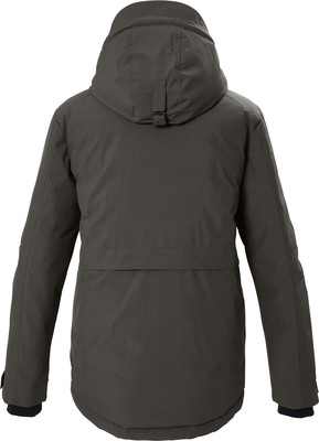 Rückansicht einer dunkelgrünen Winterjacke mit Kapuze und verstellbarem Riemen am Rücken. Rückansicht einer dunkelgrünen Winterjacke mit Kapuze und verstellbarem Riemen am Rücken.