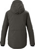 Rückansicht einer dunkelgrünen Winterjacke mit Kapuze und verstellbarem Riemen am Rücken.