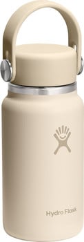 Beige Hydro Flask Flasche mit Griff und Logo.