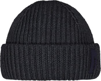 Dunkelblaue Strickmütze mit Rippenmuster und Logo.