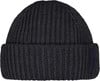 Dunkelblaue Strickmütze mit Rippenmuster und Logo.