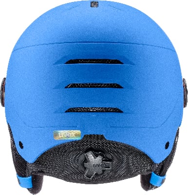 Ein blauer Uvex Skihelm mit Lüftungsschlitzen und Aufkleber.
