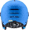 Ein blauer Uvex Skihelm mit Lüftungsschlitzen und Aufkleber.