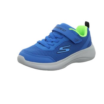 Modrá dětská bota Skechers s neonově zeleným límcem a suchým zipem.