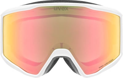 Uvex Skibrille mit farbig verspiegelter Scheibe und weißem Rahmen. Uvex Skibrille mit farbig verspiegelter Scheibe und weißem Rahmen.