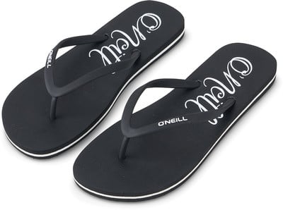Schwarze O'Neill Flip-Flops mit weißem Logo sind auf weißem Hintergrund abgebildet. Schwarze O'Neill Flip-Flops mit weißem Logo sind auf weißem Hintergrund abgebildet.