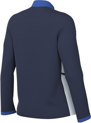 Rückansicht einer dunkelblauen Jacke mit blauem Kragen und weißen Seitenpaneelen. Rückansicht einer dunkelblauen Jacke mit blauem Kragen und weißen Seitenpaneelen.