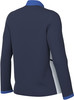 Rückansicht einer dunkelblauen Jacke mit blauem Kragen und weißen Seitenpaneelen.