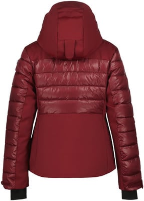 Rückansicht einer dunkelroten Daunenjacke mit gestepptem Joch und Kapuze. Rückansicht einer dunkelroten Daunenjacke mit gestepptem Joch und Kapuze.