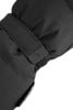 Detail eines schwarzen Handschuhs mit verstellbarem Klettverschluss und Logo.