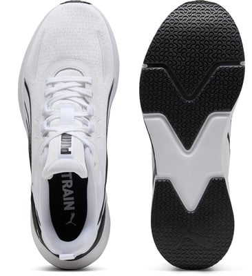 Weiße Puma-Sneaker mit schwarzer Sohle und Puma-Logo. Weiße Puma-Sneaker mit schwarzer Sohle und Puma-Logo.