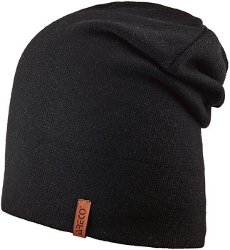 Schwarze Strickmütze mit einem Lederetikett mit dem Areco-Logo.