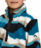 Kinder-Fleecejacke mit buntem Muster und Druckknopfverschluss.