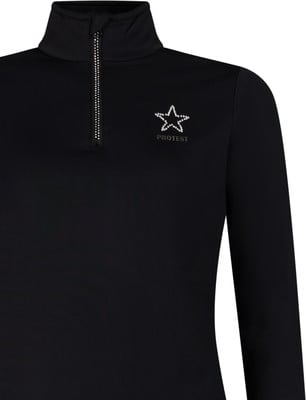 Schwarzes Langarmshirt mit Reißverschluss am Kragen und Stern-Applikation.