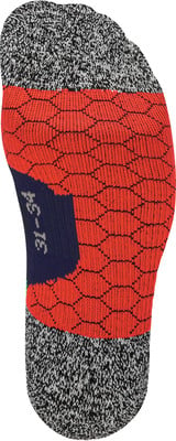 Roter Socken mit schwarzem Muster und Größenangabe 31-34. Roter Socken mit schwarzem Muster und Größenangabe 31-34.