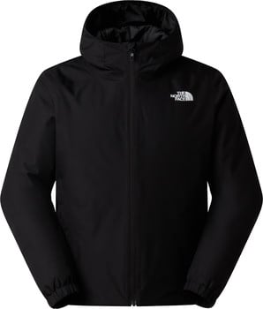 Schwarze The North Face Jacke mit Kapuze und Logo auf der Brust.