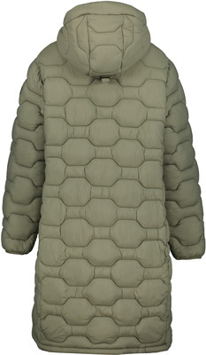Rückansicht einer gesteppten Khaki-Jacke mit Kapuze und einzigartigem Muster.