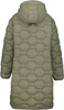 Rückansicht einer gesteppten Khaki-Jacke mit Kapuze und einzigartigem Muster.