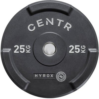 Eine schwarze 25kg Hantelscheibe mit HYROX-Logo und CENTR-Aufschrift.