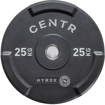 Eine schwarze 25kg Hantelscheibe mit HYROX-Logo und CENTR-Aufschrift.