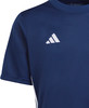 Dunkelblaues Adidas-T-Shirt mit weißem Logo und Streifen am Ärmel.