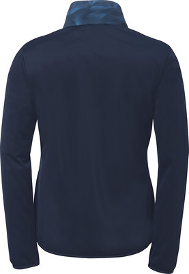 Rückansicht einer dunkelblauen Jacke mit geometrischem Muster am Kragen.