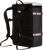 Schwarzer Rucksack mit weißer Oberseite und beige Gurten, The North Face Logo.