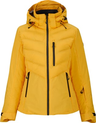 Gelbe Winterjacke mit Kapuze und schwarzen Reißverschlüssen, zum Skifahren geeignet.