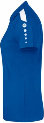 Blaues Damen-Poloshirt mit weißen Details am Ärmel und Logo.