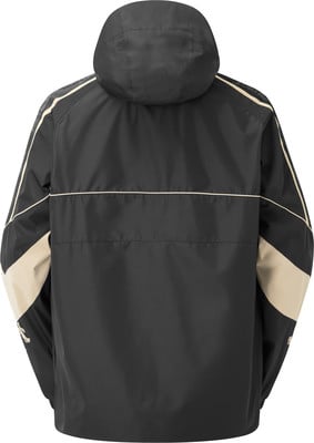 Rückansicht einer schwarzen Jacke mit beigen Einsätzen und Paspeln. Rückansicht einer schwarzen Jacke mit beigen Einsätzen und Paspeln.