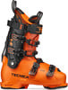 Ein orangefarbener Skischuh mit schwarzen Schnallen und Tecnica-Logo.