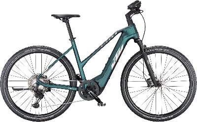 Grünes KTM E-Bike mit Federung und Scheibenbremsen. Grünes KTM E-Bike mit Federung und Scheibenbremsen.
