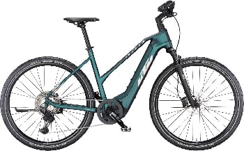 Grünes KTM E-Bike mit Federung und Scheibenbremsen.